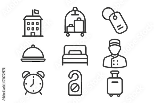 Hotel services icon set for hospitality and accommodation. Minimalist line art vector collection. Symbols for travel, booking, tourism. Includes bellhop, room service, key.