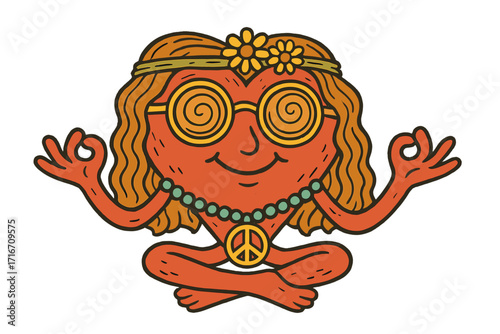 Groovy heart character meditating in lotus pose. Hippie 70s retro mascot doing yoga for peace and love. Cartoon vector illustration for mindfulness and positive vibes.