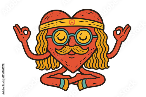 Groovy red heart character meditating in lotus pose. Retro hippie mascot with peace sign for yoga and wellness. 60s 70s style cartoon vector for love and balance concept.