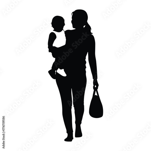 Mother holding baby walking with bag silhouette child