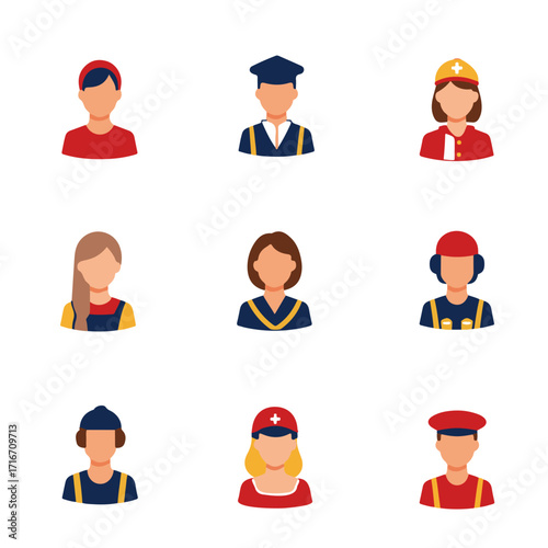 Collection of diverse flat avatar characters in various professions  