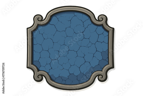 Vector cartoon of a decorative plaque. Cracked blue stone texture with a metallic border. Ancient, medieval fantasy game UI element. Empty frame for text or message.