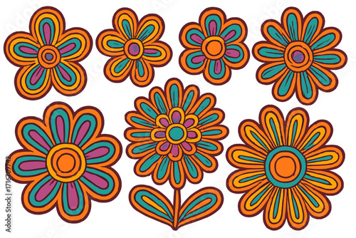 Set of groovy psychedelic flowers. Colorful floral elements in 70s retro hippie style. Abstract vector illustration for vintage design. Boho blossom contour line art collection.
