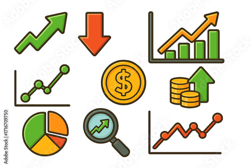 Finance and investment vector icons for market analysis. Cartoon symbols showing growth trend, profit, loss, data charts, graphs, and dollar coins. Business data concept.