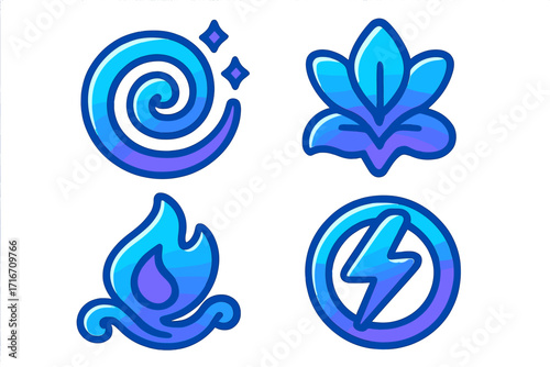 Four elements icon set. Fire, air, earth, energy signs. Magic power symbols for fantasy video game. Nature, spiritual, elemental forces logo. Cartoon vector illustration.