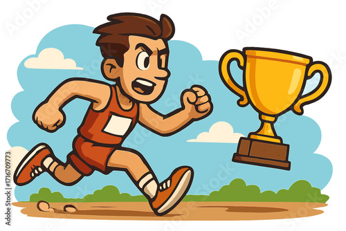 Runner chasing a gold trophy. Concept of business success, reaching a goal, competition, winning a prize. Determined athlete character in a race cartoon vector illustration.