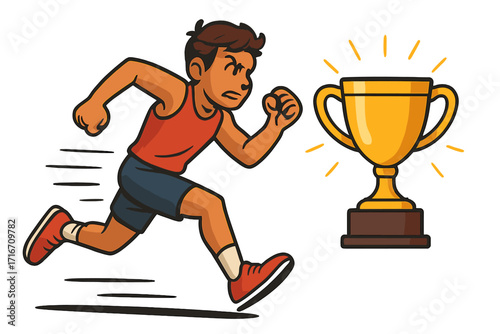 Man running to win a gold trophy. Metaphor for business success, ambition, and reaching goals. Competition and victory concept. Athlete runs for a prize. Cartoon vector.