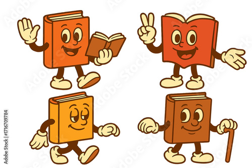 Groovy retro book characters set for World Book Day. Collection of elements for reading books and book festival. Funny 70s cartoon mascot with gloved hands, smiling face.