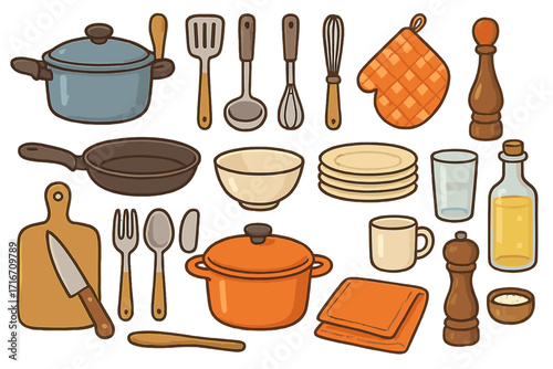 Vector cartoon kitchen utensils and cookware icon set. Big collection of isolated cooking equipment for food preparation, dining. Pot, pan, cutlery, and tableware elements.