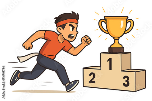 Determined man runs to win gold trophy on first place podium. Metaphor for business success, goal achievement, career ambition, and winning a challenge. Vector concept.