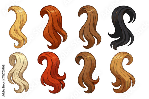Hair strands set vector illustration. Wavy hair locks in different colors. Blonde, brunette, red, and black shades palette. Cartoon hairstyle for character design. Shiny glossy hair.