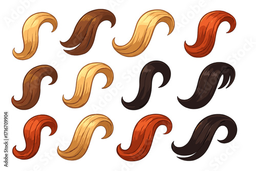 Hair strands set. Cartoon curls in different colors. Blonde, brunette, redhead, black. Hairdresser, beauty salon graphic elements. Vector illustration for hairstyle creation.