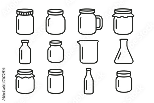 Glassware line icon set. Jars, bottles, and containers collection. Vector symbols for canning, kitchen, lab, and packaging design. Simple outline pictogram illustration.