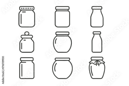 Glass jar line icon set. Outline collection of glassware, bottles, pots for food preservation, canning, jam, honey. Minimalist kitchen container symbols for web design, apps.