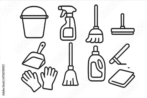 Essential cleaning tools simple line icon set. Home maintenance vector illustration. Housekeeping equipment such as mop, bucket, gloves, spray for domestic hygiene chores.