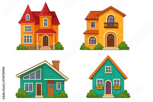 Set of colorful houses. Collection of different architectural styles. Vector cartoon illustration of home exteriors. Real estate icons for residential property design concepts.