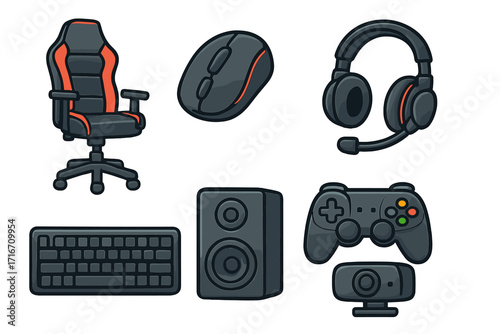 Gaming gear icon set. Vector cartoon illustration of modern gamer equipment and e-sports essentials including chair, keyboard, mouse, headset, controller, webcam and speaker.