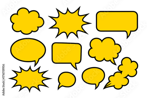 Set of yellow comic speech bubbles and explosion bursts. Cartoon pop art style message and thought balloons. Vector graphic for dialogue, communication, and pow effects.