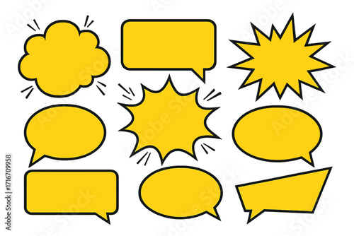 Set of yellow comic speech bubbles. Pop art vector illustration. Cartoon explosion shapes for text. Retro chat, talk, and thought bubbles. Blank message balloon elements.