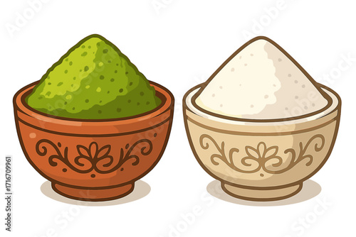 Matcha green tea powder and white flour in decorative ceramic bowls. Culinary ingredients for cooking, baking. Healthy antioxidant superfood. Vector cartoon illustration isolated.