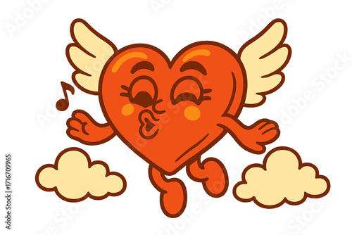 Groovy heart character flying with wings. Retro 70s cartoon mascot whistling a love song in the clouds. Happy Valentine's day card concept. Vintage love and romance vector.