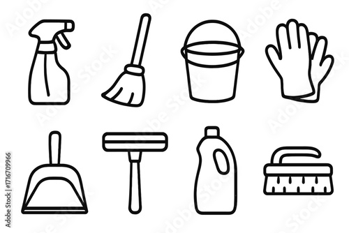Essential cleaning tools simple line icons for home maintenance and household chores. Vector cartoon illustration set includes broom, bucket, gloves, spray, and brush.