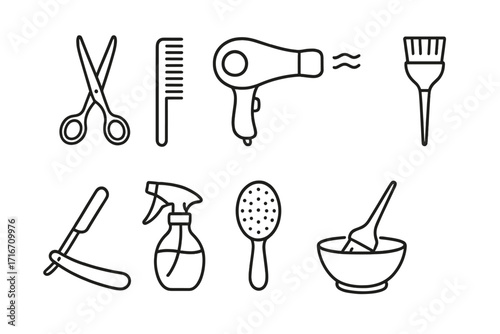 Hairdressing tools line icon set. Barber and hair salon professional equipment. Haircut, styling, grooming concept. Scissors, comb, hairdryer, razor, brush. Vector graphic.