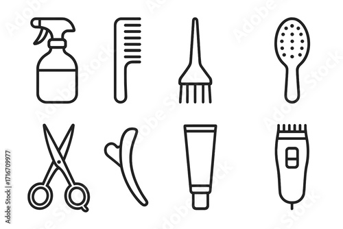 Hair salon tools line icon set. Barbershop equipment for haircut and styling. Professional hairdresser vector collection with scissors, comb, clipper, brush, dye, and spray bottle.