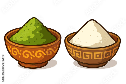 Green matcha tea powder and white flour in decorative ceramic bowls. Vector cartoon illustration of culinary ingredients. Healthy superfood for cooking, baking, and drinks.