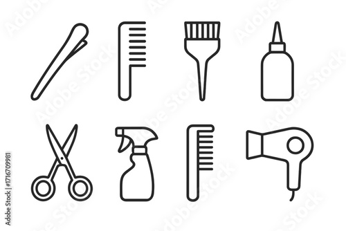 Hair salon tools icon set. Minimalistic line art vector illustration of hairdresser and barbershop equipment. Includes scissors, comb, hairdryer for styling and cutting.