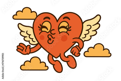 Groovy heart character with wings flying in the sky. Love mascot for Valentine's day. Retro 70s cartoon sticker. Cute comic personage sending a kiss. Whistling character.