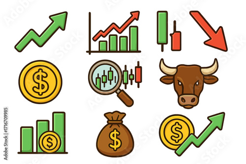 Stock market trading icon set. Finance and investment symbols for analysis. Bull, candlestick chart, growth arrow, dollar coin, money bag. Vector cartoon illustration.