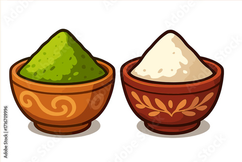Green matcha tea powder and flour in decorative ceramic bowls. Vector illustration of superfood ingredients for cooking, baking, and healthy lifestyle. Asian culinary concept.