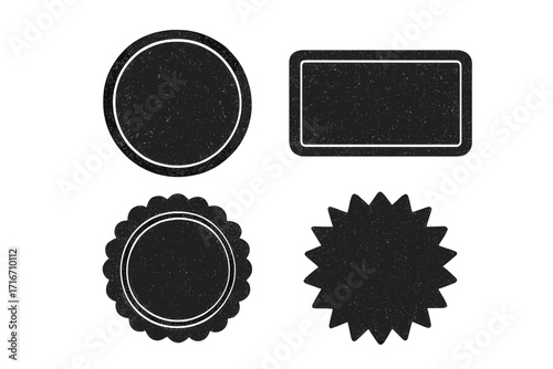 Set of grunge badge and emblem vector shapes. Vintage distressed texture labels and stamps for design. Retro circle, rectangle, and starburst seals. Blank promotional frames.