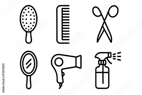 Hairdresser tools icon set. Barber shop equipment symbols. Hair styling essentials for beauty salon. Brush, comb, scissors, mirror, hairdryer and spray bottle vector icons.