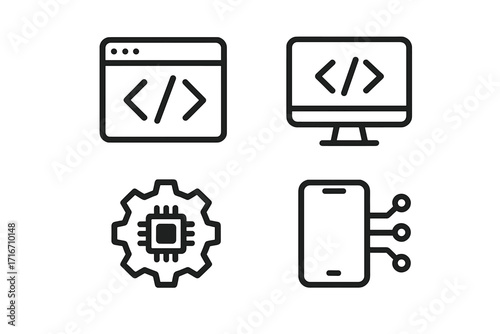 Coding & technology line icon set. Minimalist symbols for software development, web programming, mobile app, hardware, CPU processor. Vector graphic for UI UX design.