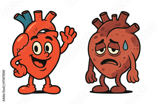 Healthy vs unhealthy heart character comparison. Happy good organ against sad sick damaged one. Medical cardiology concept in retro 90s cartoon mascot style for anatomy.