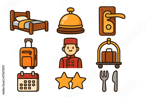 Hotel service and hospitality icon set. Vector cartoon illustration of bed, bell, luggage, concierge, and rating stars. For travel, booking, and accommodation business.
