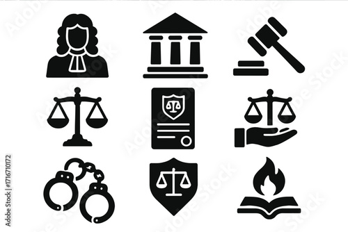 Law and justice vector icon set. Legal symbols silhouette collection with judge, courthouse, gavel, scales. For lawyer, attorney, crime, punishment, and legislation concepts.