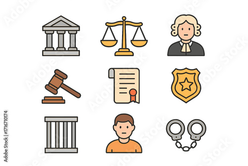 Legal and justice flat icon set with law symbols. Vector cartoon illustration of court, crime, and punishment. Includes judge, gavel, scales, courthouse, and police elements.