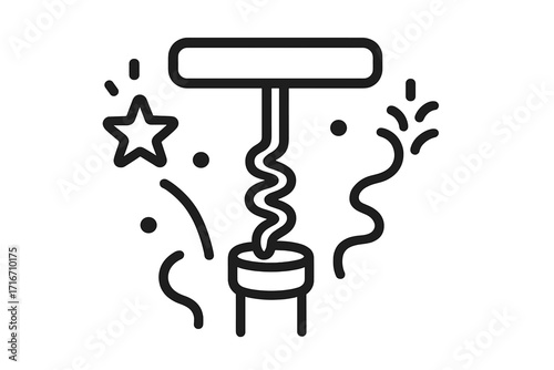 Corkscrew opening a wine bottle. Party and celebration concept. Line icon for a new year, birthday or event. Vector illustration of uncorking with confetti and a star.