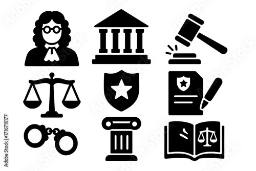 Law and justice black silhouette icon set. Vector legal symbols collection. Judge, court, gavel, scales of justice, handcuffs, law book, police badge. Crime and punishment concept.