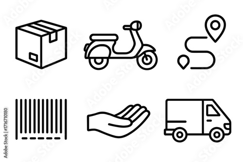 Delivery and logistics line icon set for shipping service and e-commerce. Package tracking vector symbols. Includes van, scooter, route, barcode, box, and receiving hand.