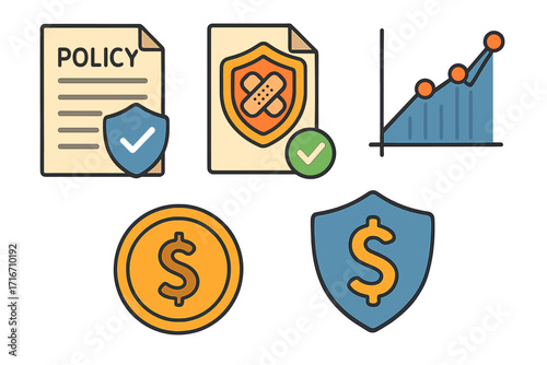 Insurance and finance icon set. Policy document, approved health claim, financial growth chart, dollar coin, and money protection shield. Vector cartoon illustration.