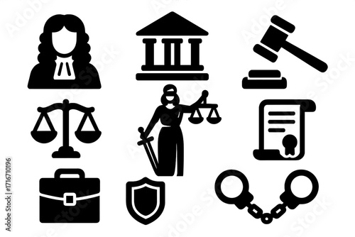 Legal icons set. Law justice concept. Judge court gavel illustration. Attorney lawyer symbol. Themis scales balance. Crime punishment. Handcuffs prison. Vector silhouette.