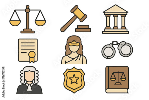 Law and justice icon collection. Vector set of legal symbols like judge, gavel, courthouse, Lady Justice, handcuffs, and police badge. Flat cartoon style crime and order concept.