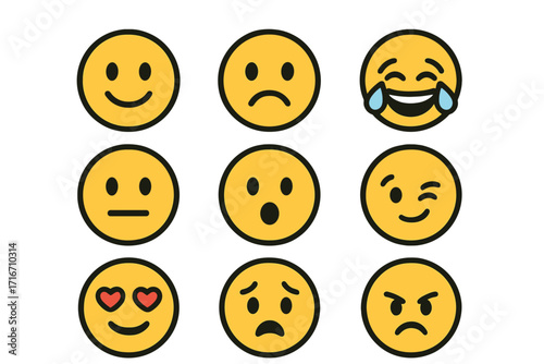 Emoji collection vector set. Minimalist cartoon face icons for digital communication. Expressive emoticons showing feelings like happy, sad, angry, love, laughing, and surprise.