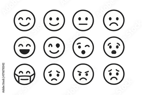 Emoji set minimalist line icon collection. Emoticon faces with expressions. Happy, sad, angry, smile, sick. Mood feedback, customer rating scale vector symbols.