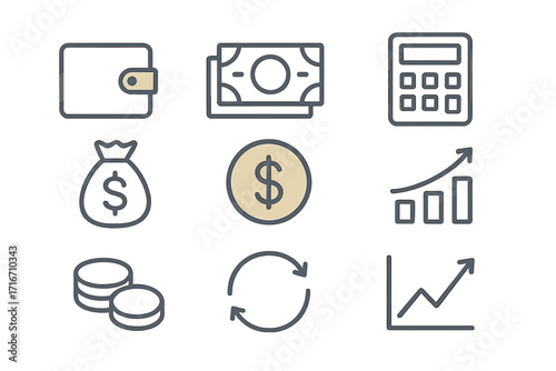 Vector finance line icon set. Business and money symbols for banking, investment, accounting, and economy. Pictograms of wallet, cash, calculator, dollar coin, and profit growth chart.