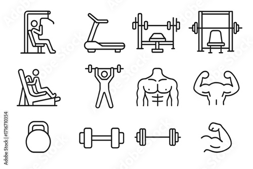 Gym strength icon set. Thin line editable stroke icons for fitness machines, bodybuilding, weightlifting, power training, exercise equipment, and muscle development.
